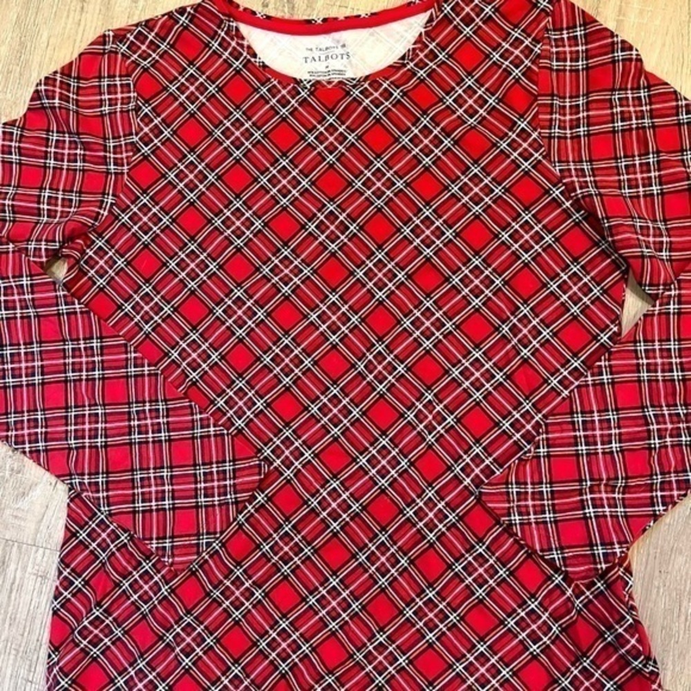Talbots Tee Long Sleeve Medium Christmas Plaid NWOT